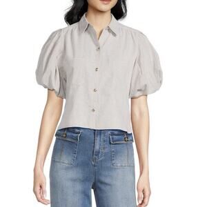 Loves A Women Linen Stripe Point Collar Short Bubble Sleeve Button Shirt